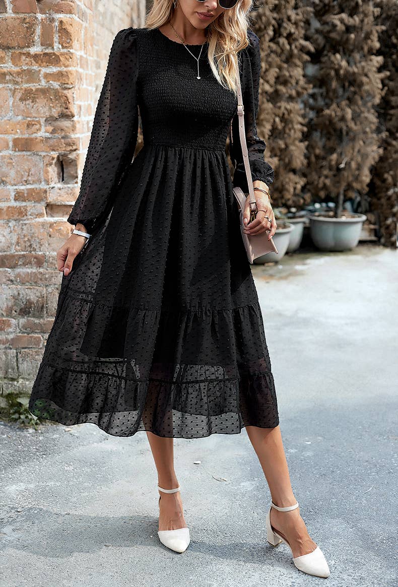 Women's Long Sleeve Flowy Tie Waist Boho Dress: BLUE