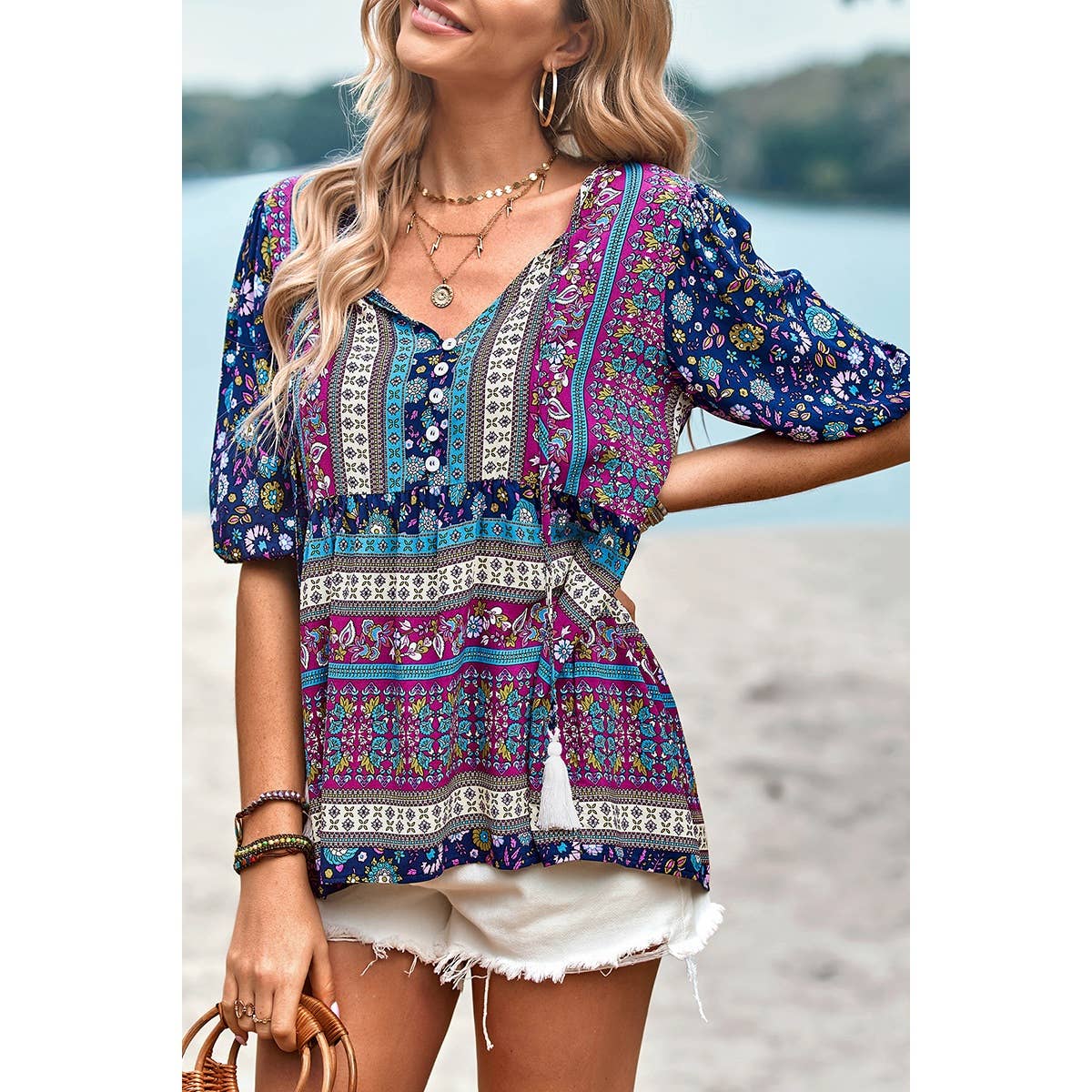 Floral Print Button Deep V Color Block Loose Fit Top: ORANGE