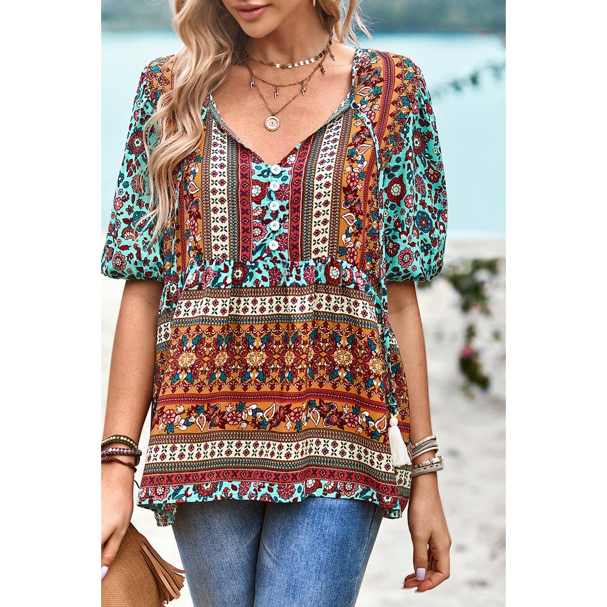 Floral Print Button Deep V Color Block Loose Fit Top: ORANGE