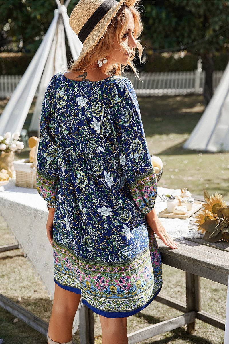 Long Sleeves Floral V-neck Dress: NAVY