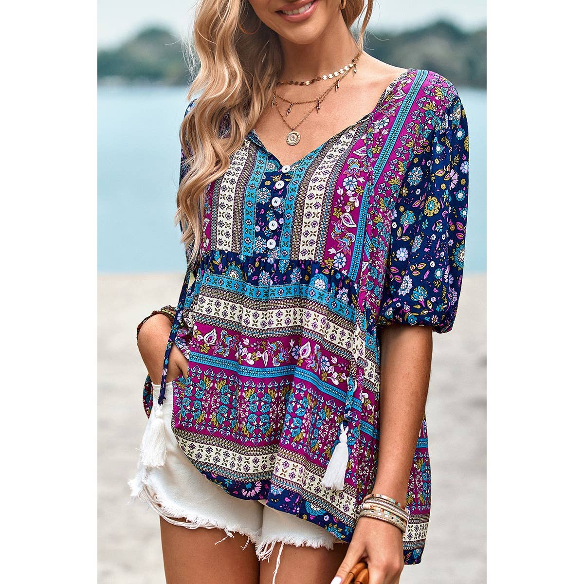 Floral Print Button Deep V Color Block Loose Fit Top: ORANGE