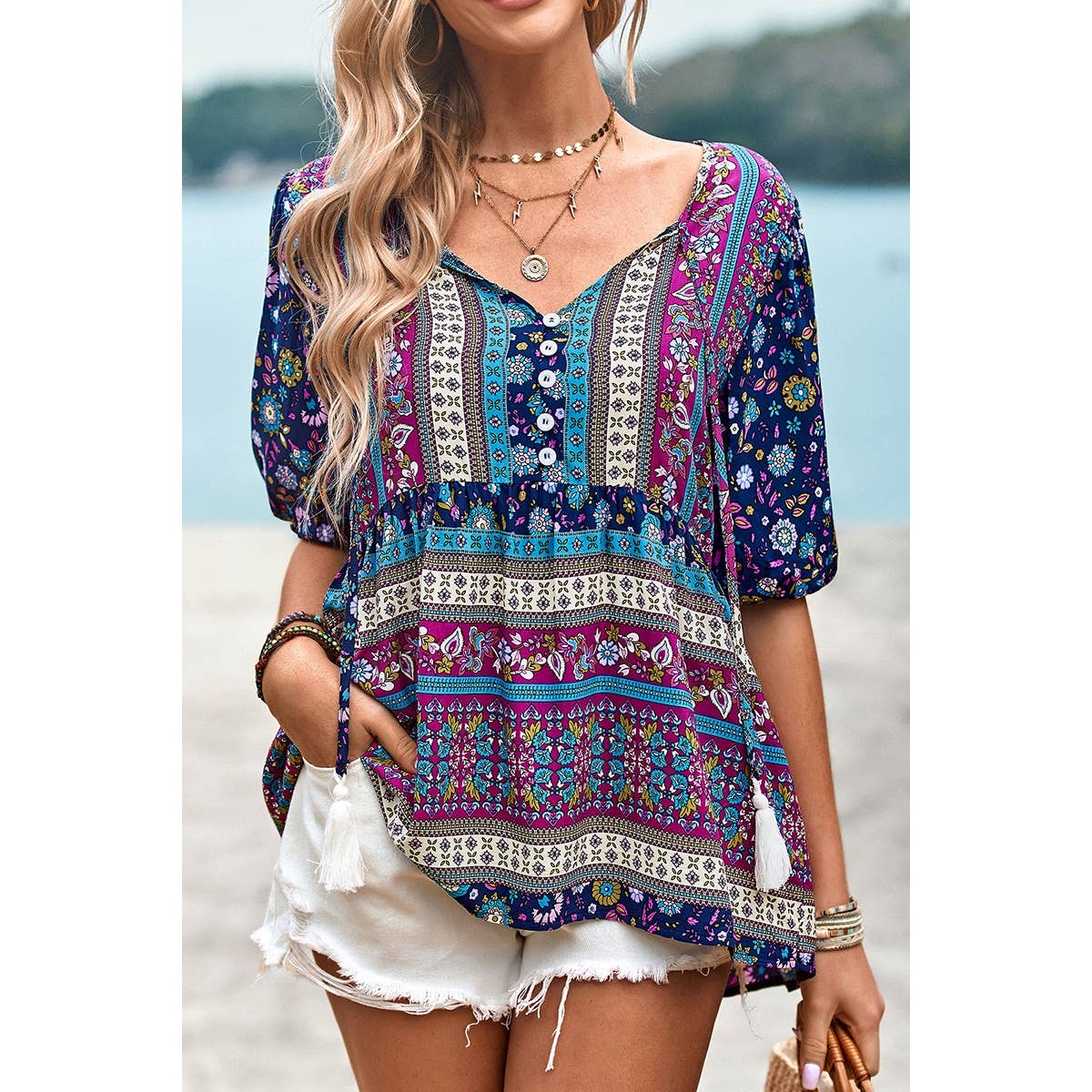 Floral Print Button Deep V Color Block Loose Fit Top: ORANGE