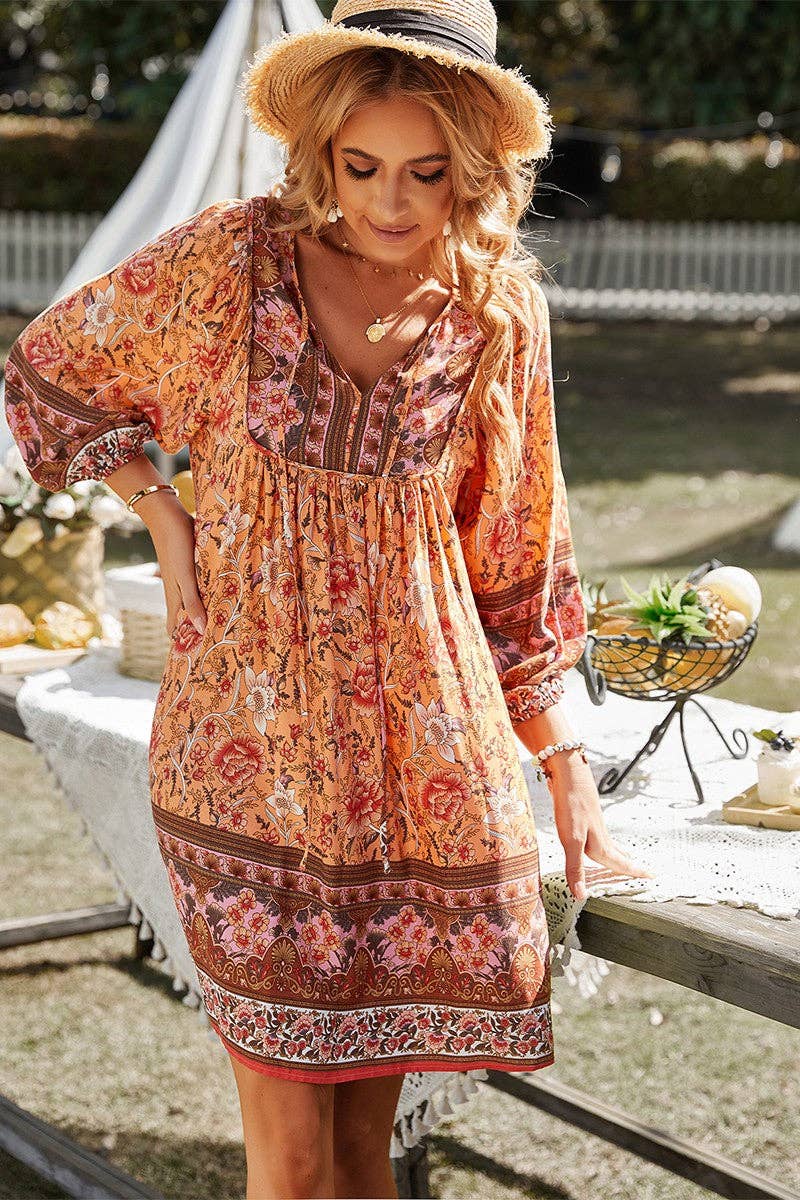 Long Sleeves Floral V-neck Dress: NAVY
