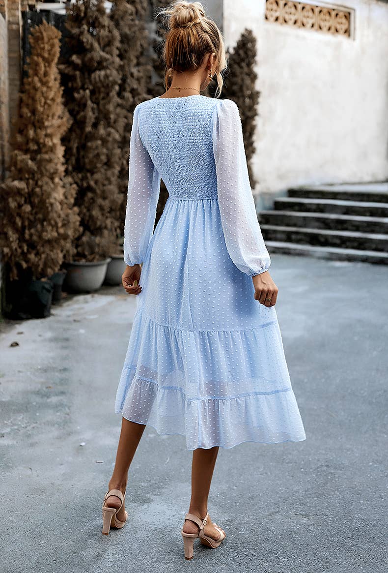 Women's Long Sleeve Flowy Tie Waist Boho Dress: BLUE