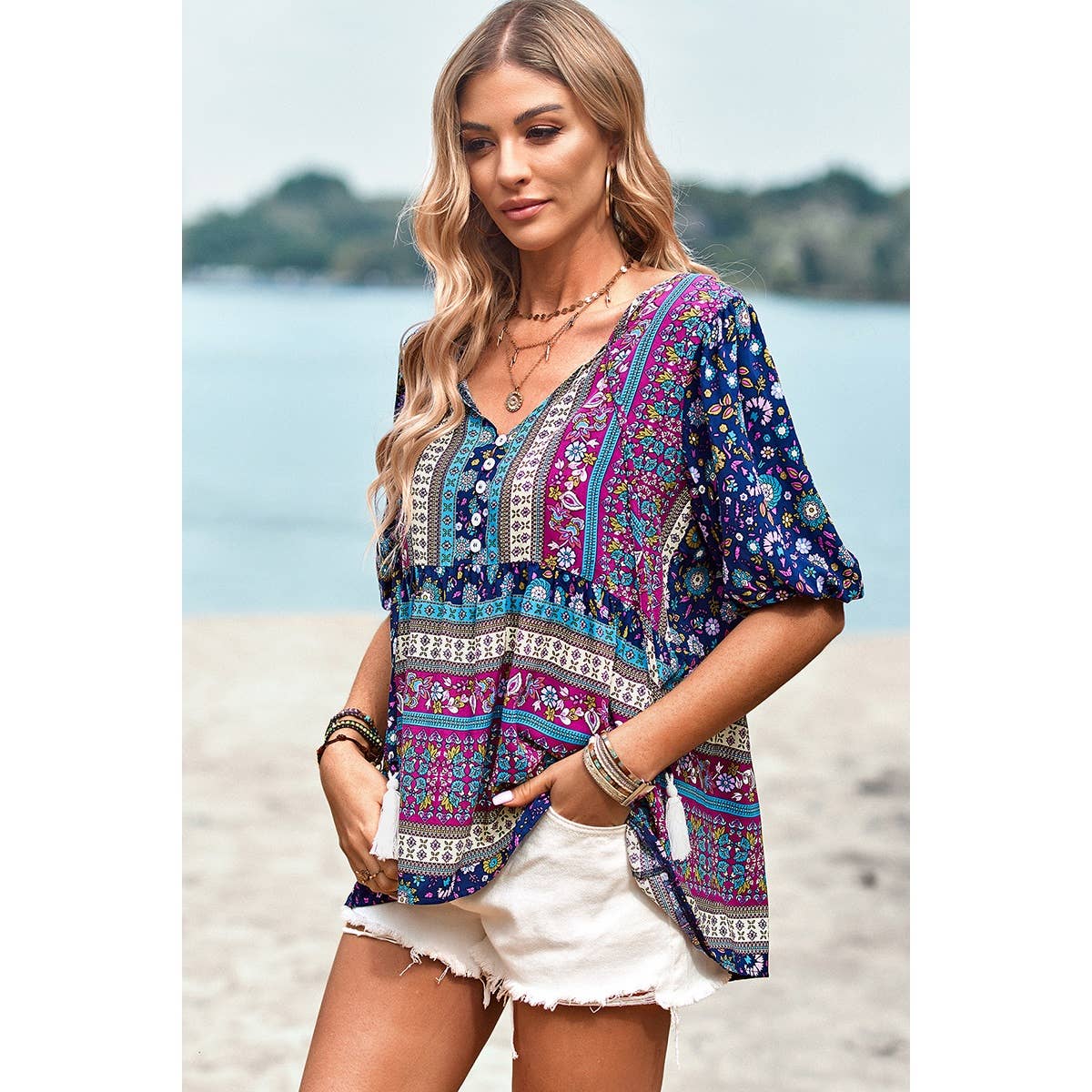 Floral Print Button Deep V Color Block Loose Fit Top: ORANGE