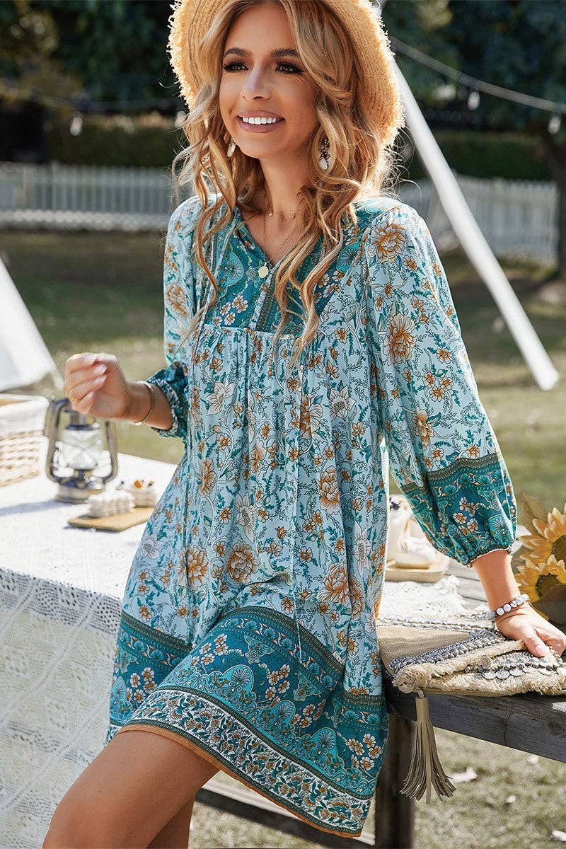 Long Sleeves Floral V-neck Dress: NAVY
