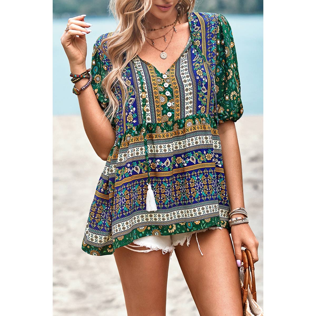 Floral Print Button Deep V Color Block Loose Fit Top: ORANGE