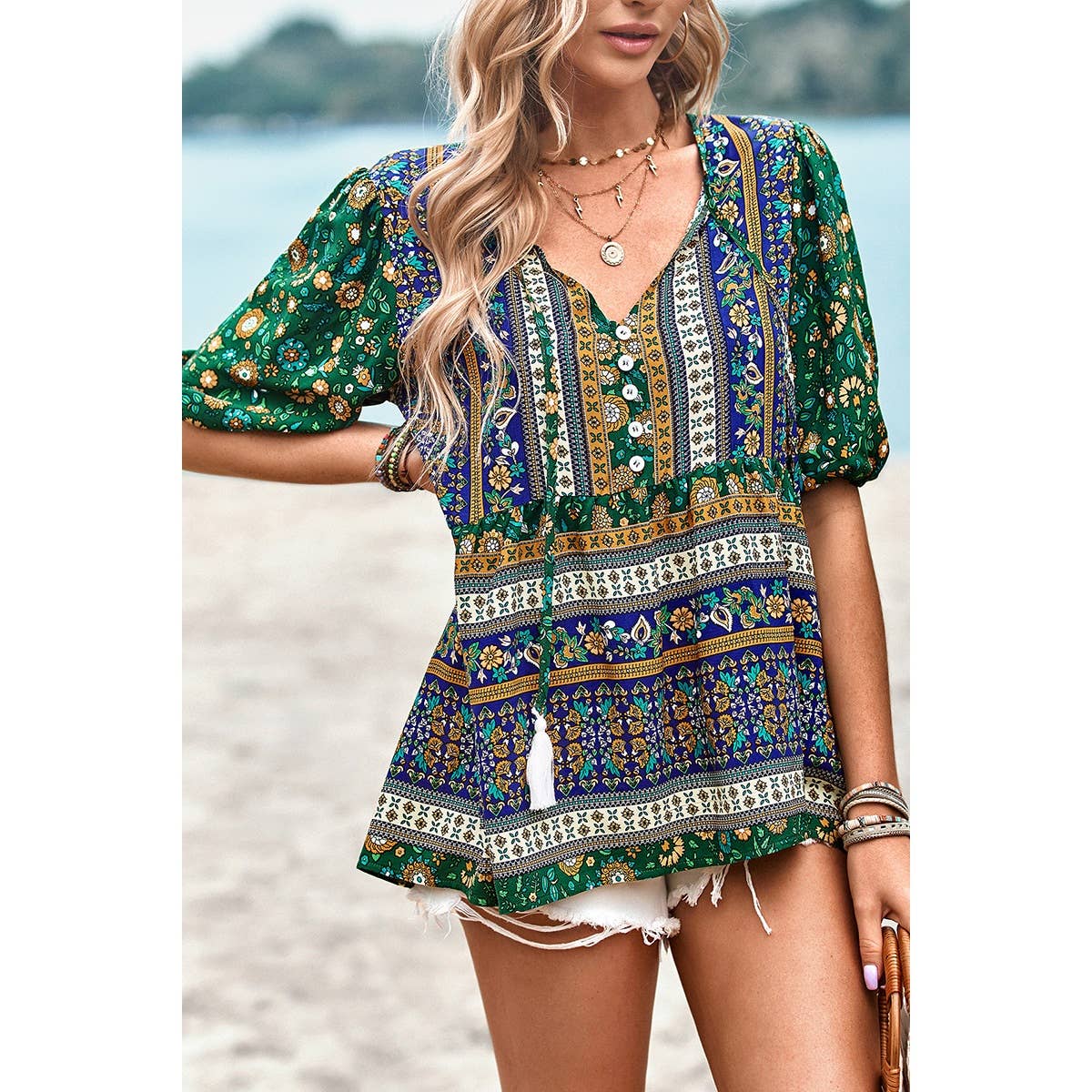 Floral Print Button Deep V Color Block Loose Fit Top: ORANGE
