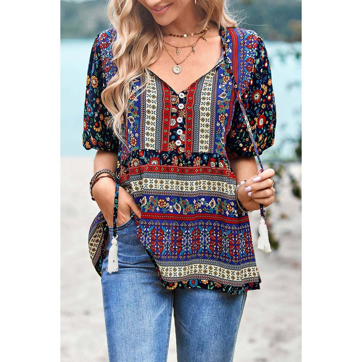 Floral Print Button Deep V Color Block Loose Fit Top: ORANGE