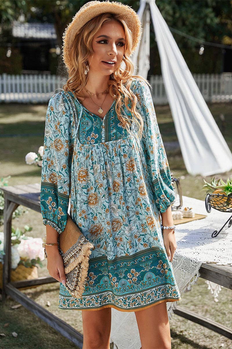 Long Sleeves Floral V-neck Dress: NAVY