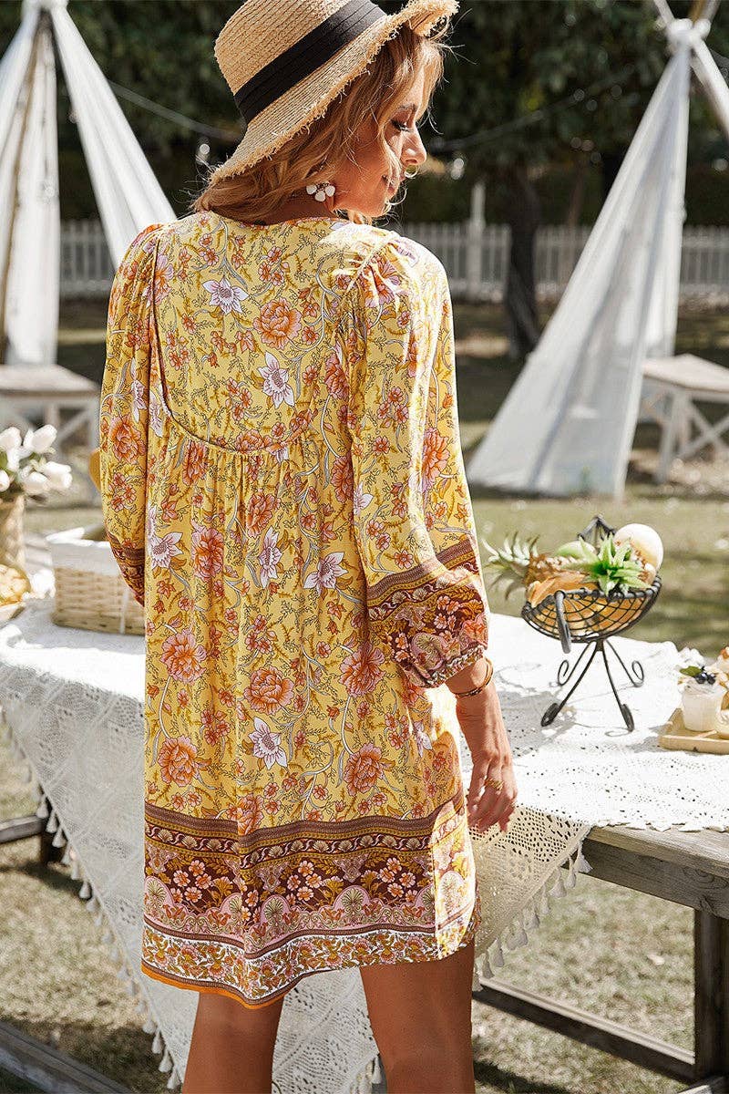 Long Sleeves Floral V-neck Dress: NAVY