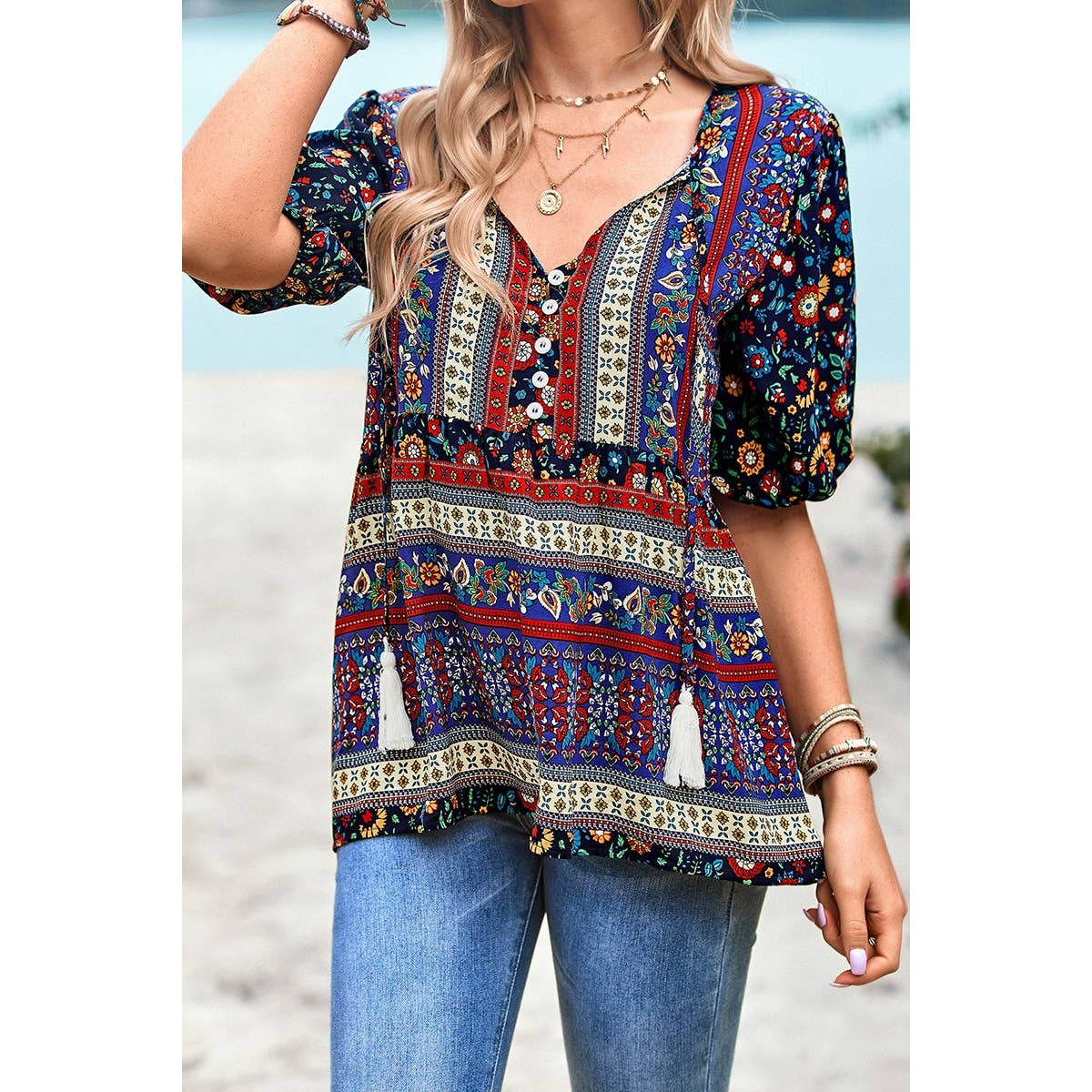 Floral Print Button Deep V Color Block Loose Fit Top: ORANGE