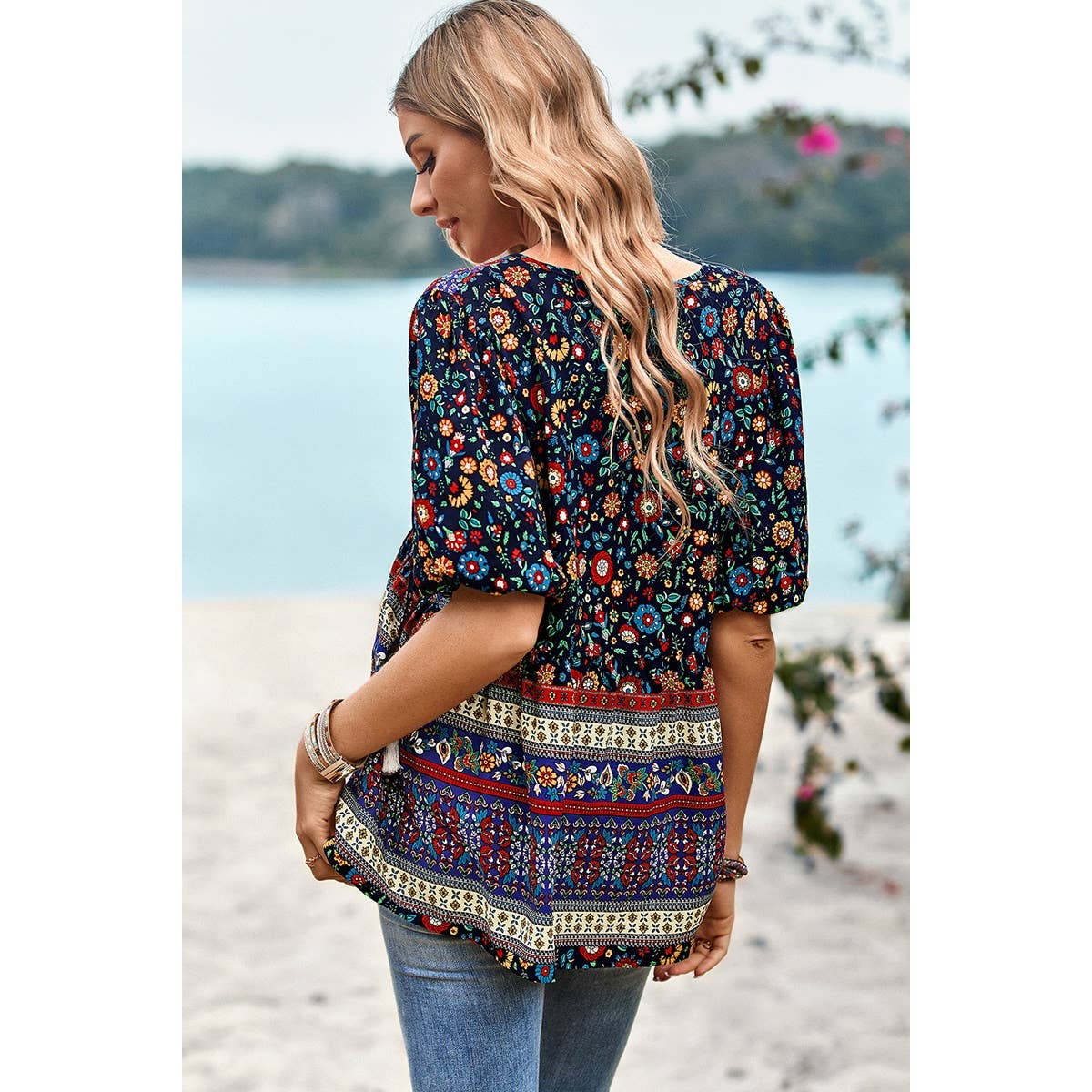Floral Print Button Deep V Color Block Loose Fit Top: ORANGE