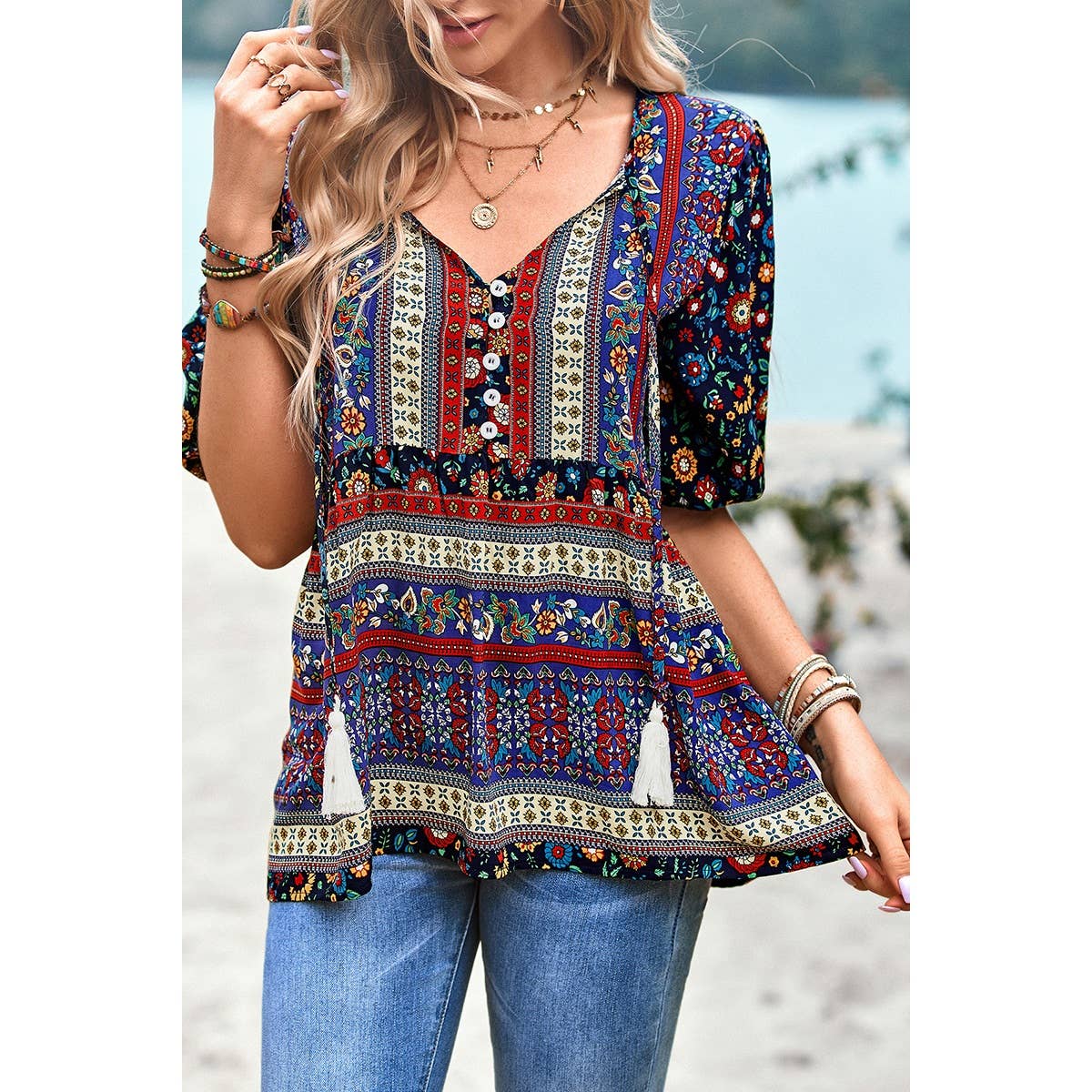 Floral Print Button Deep V Color Block Loose Fit Top: ORANGE