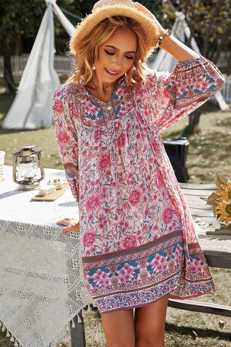 Long Sleeves Floral V-neck Dress: NAVY