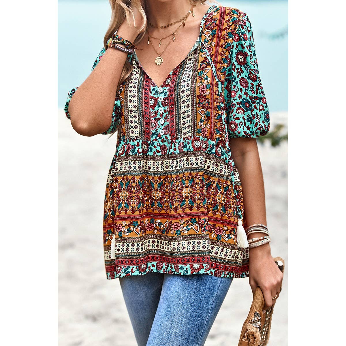 Floral Print Button Deep V Color Block Loose Fit Top: ORANGE