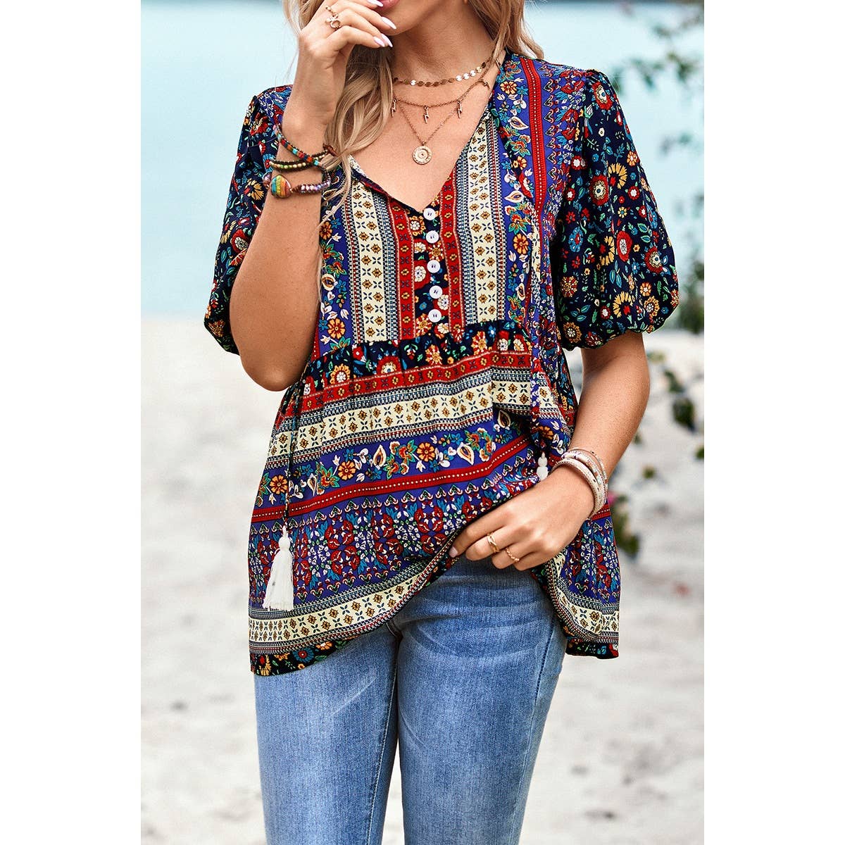 Floral Print Button Deep V Color Block Loose Fit Top: ORANGE