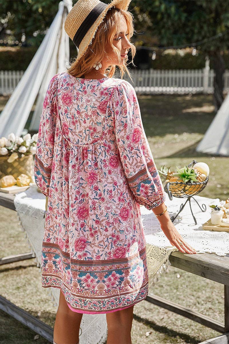 Long Sleeves Floral V-neck Dress: NAVY