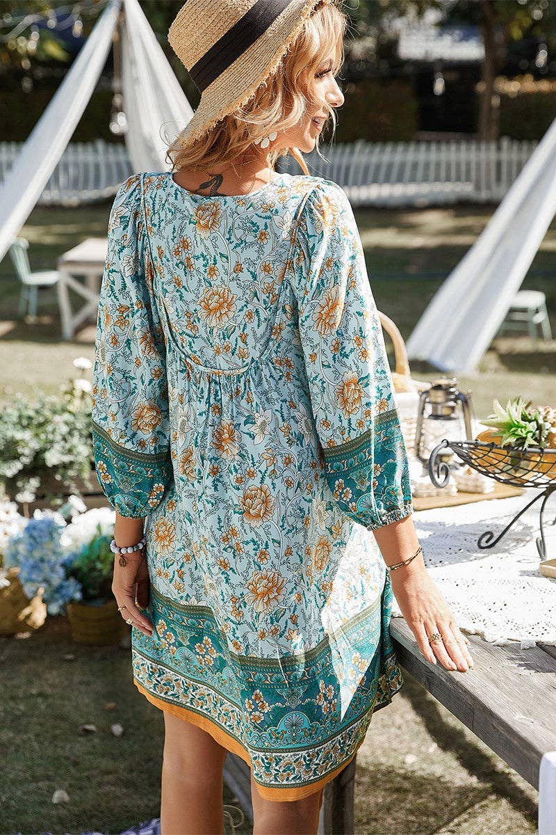 Long Sleeves Floral V-neck Dress: NAVY