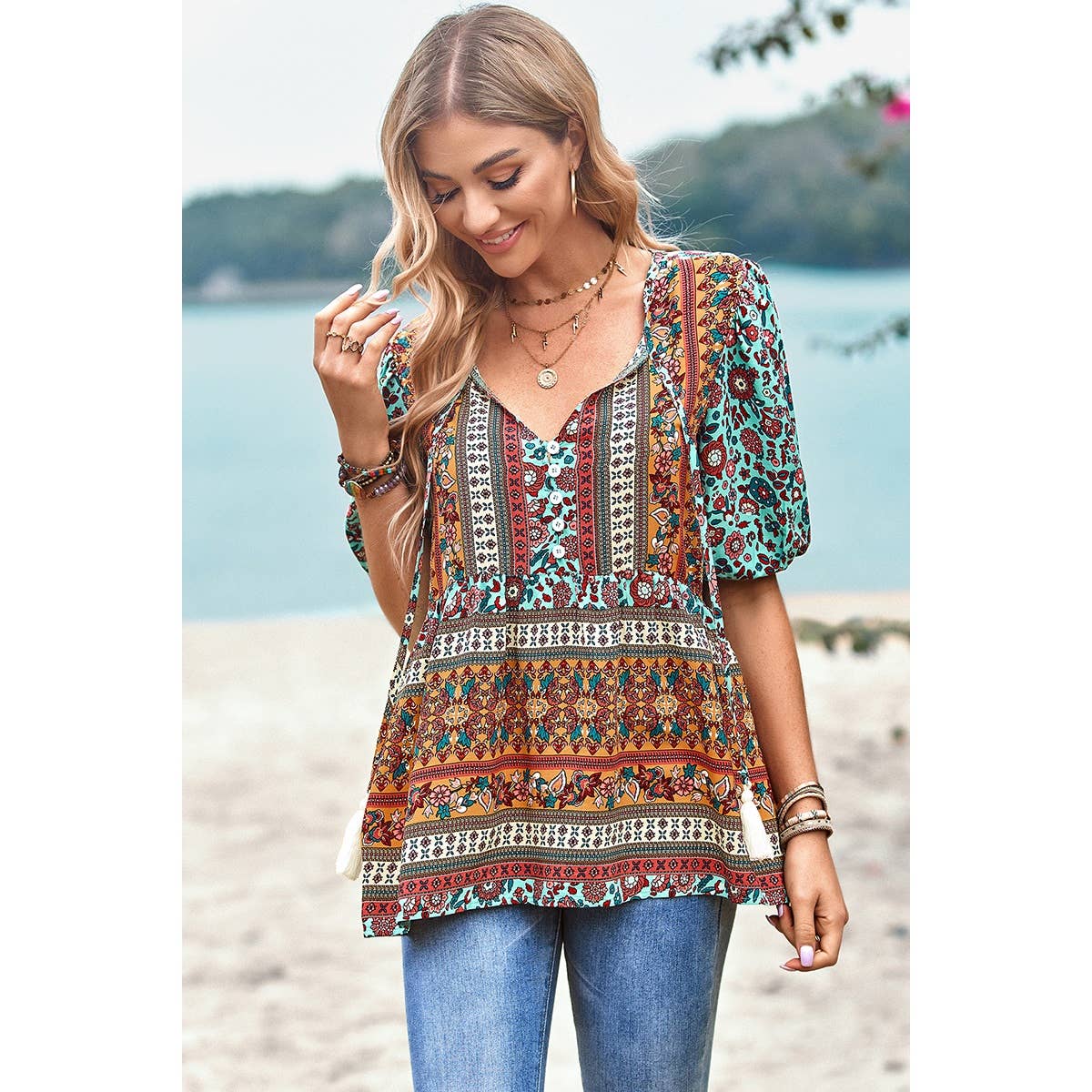 Floral Print Button Deep V Color Block Loose Fit Top: ORANGE
