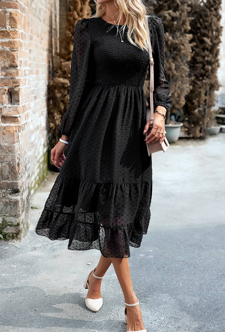 Women's Long Sleeve Flowy Tie Waist Boho Dress: BLUE