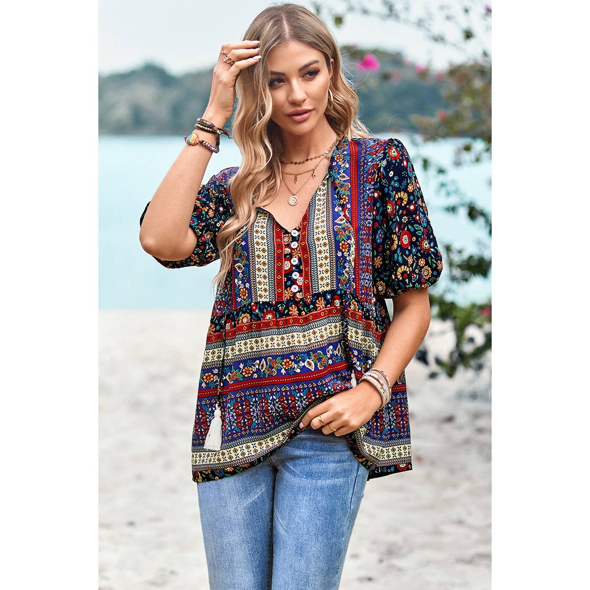 Floral Print Button Deep V Color Block Loose Fit Top: ORANGE