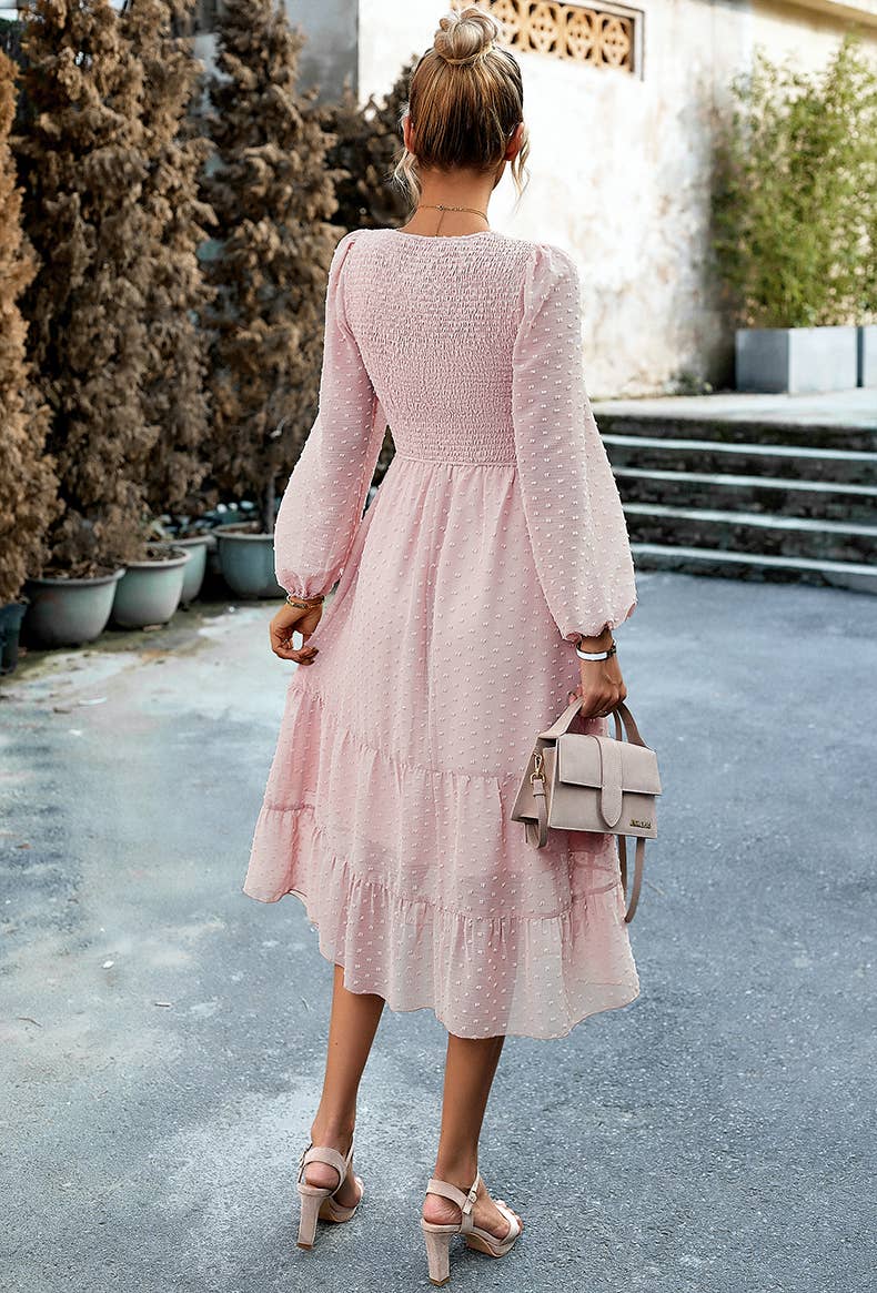 Women's Long Sleeve Flowy Tie Waist Boho Dress: BLUE