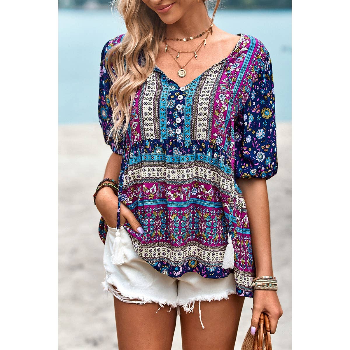 Floral Print Button Deep V Color Block Loose Fit Top: ORANGE