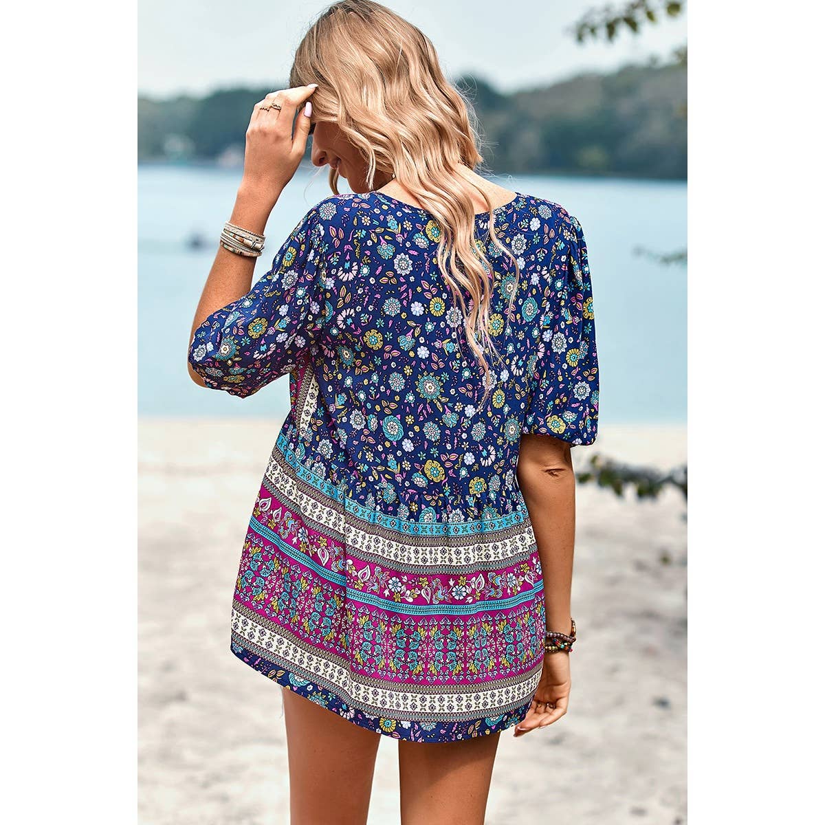 Floral Print Button Deep V Color Block Loose Fit Top: ORANGE
