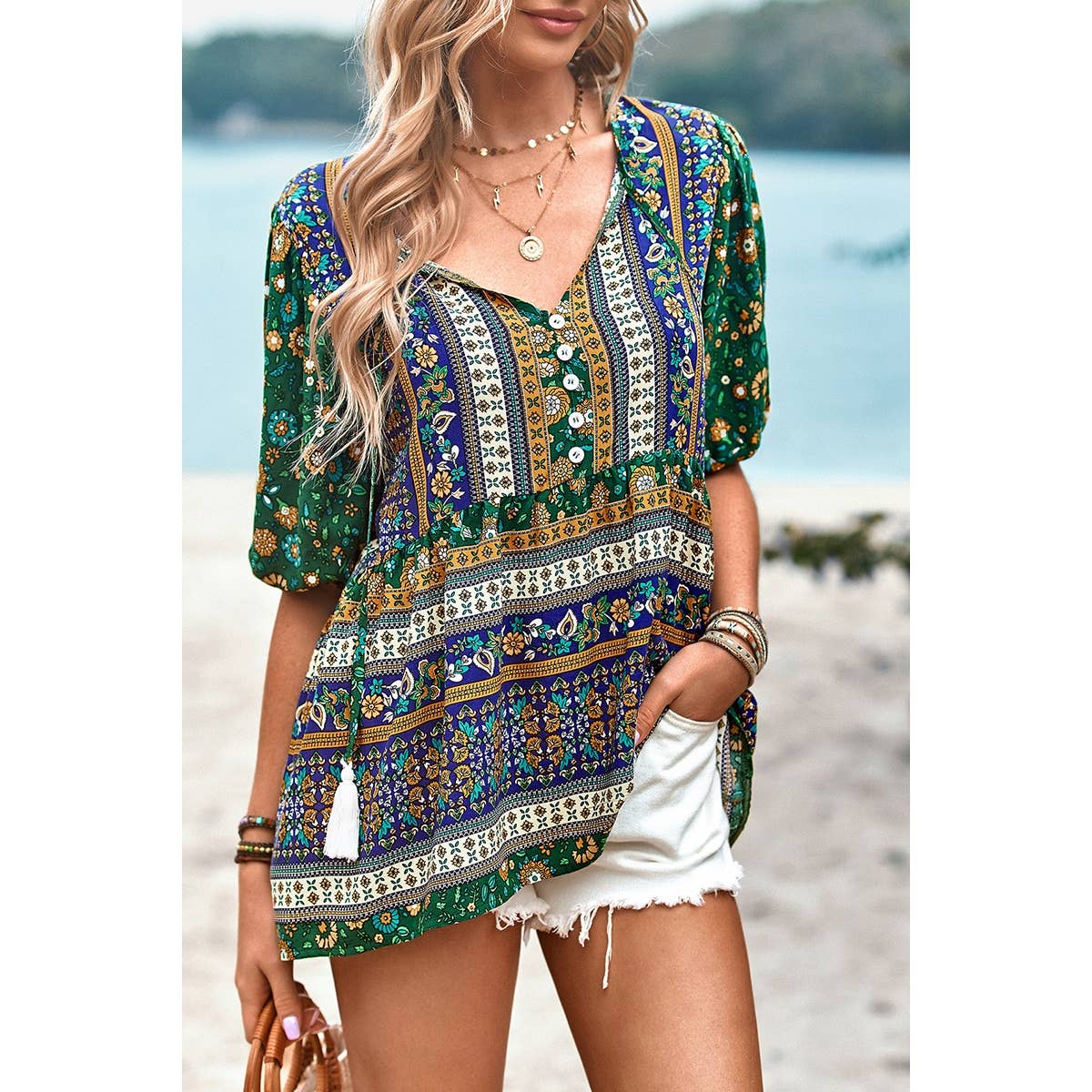 Floral Print Button Deep V Color Block Loose Fit Top: ORANGE