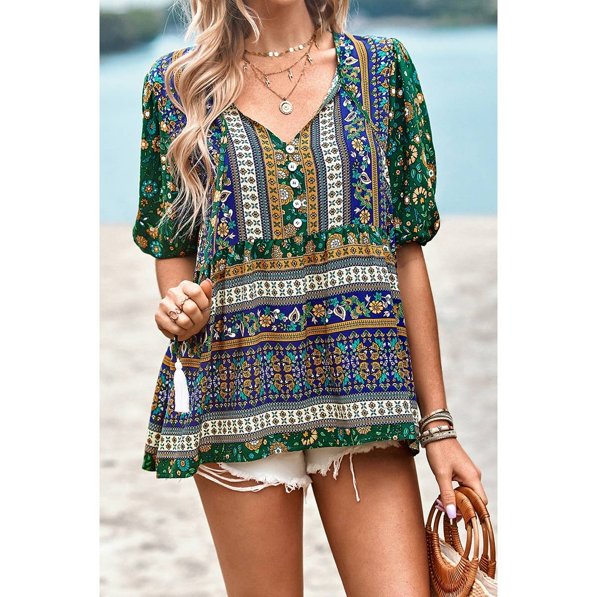 Floral Print Button Deep V Color Block Loose Fit Top: ORANGE