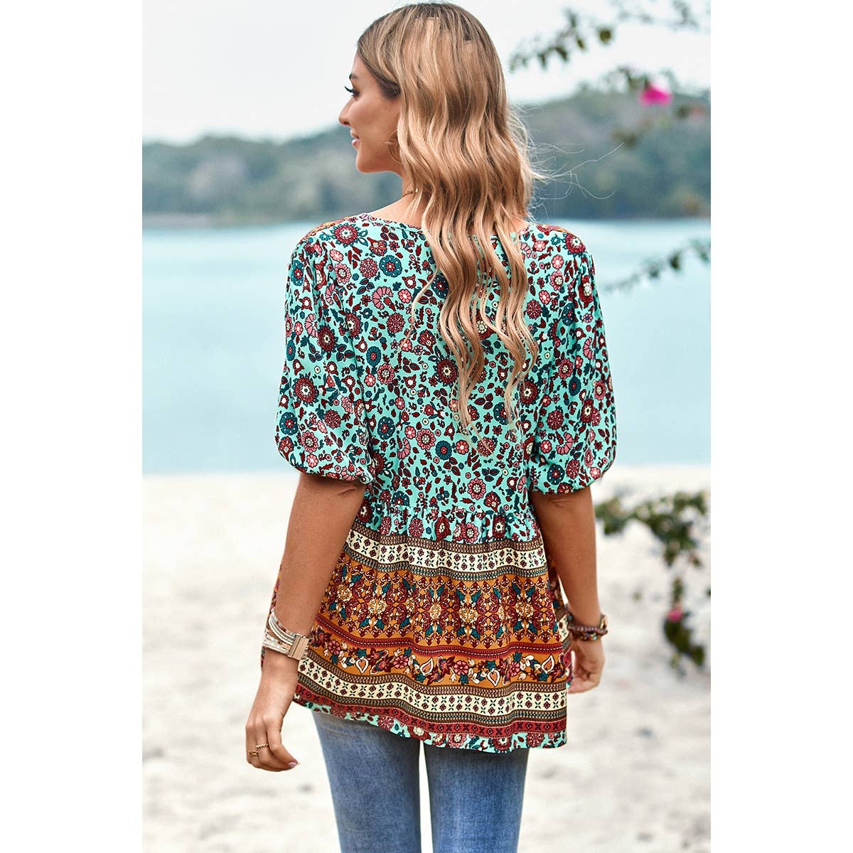 Floral Print Button Deep V Color Block Loose Fit Top: ORANGE