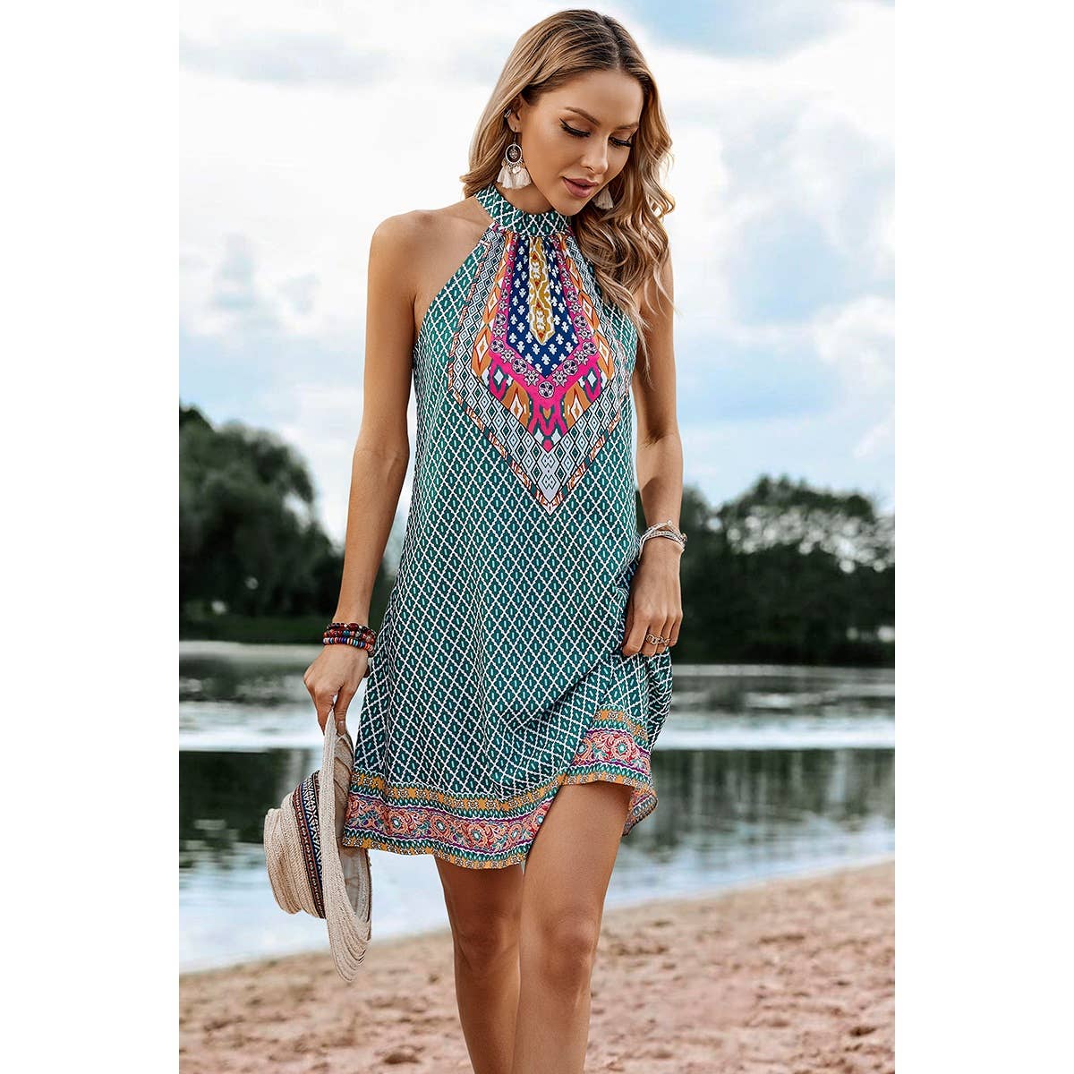 Open Shoulder Knot Back Sleeveless Plaid Dress: GREEN