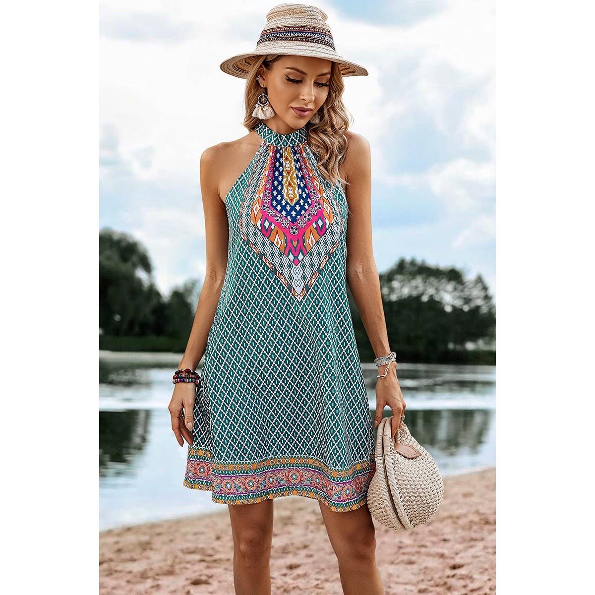 Open Shoulder Knot Back Sleeveless Plaid Dress: GREEN