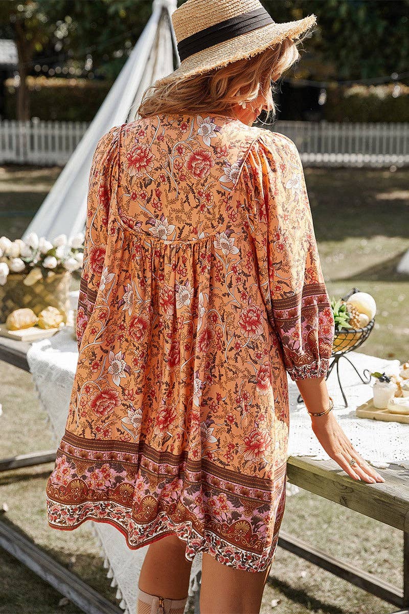 Long Sleeves Floral V-neck Dress: NAVY