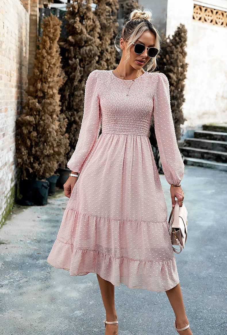 Women's Long Sleeve Flowy Tie Waist Boho Dress: BLUE