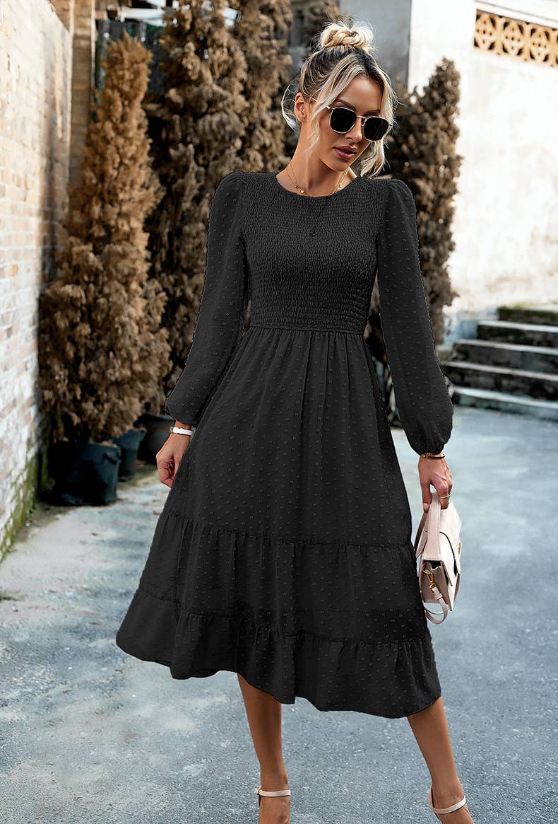 Women's Long Sleeve Flowy Tie Waist Boho Dress: BLUE