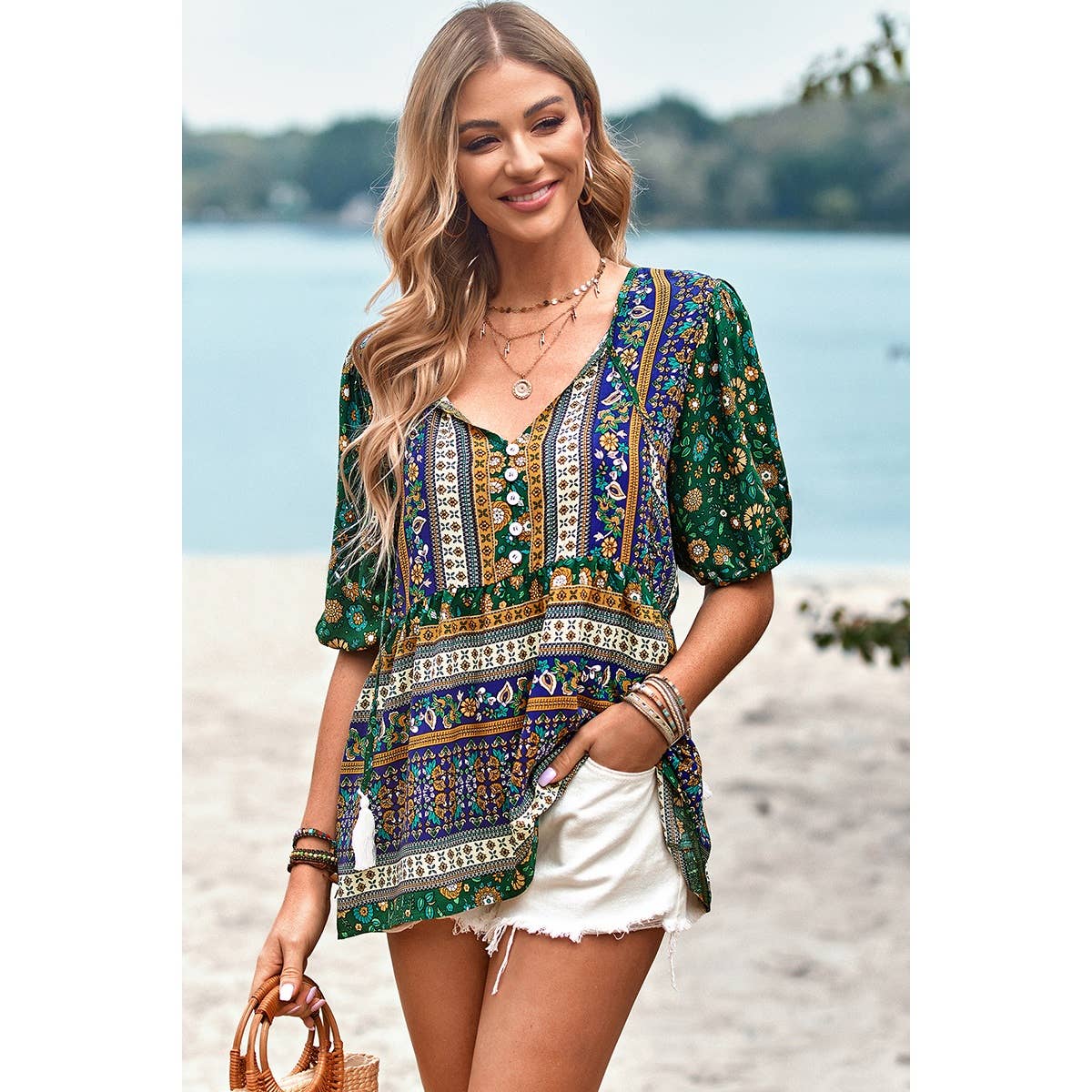 Floral Print Button Deep V Color Block Loose Fit Top: ORANGE