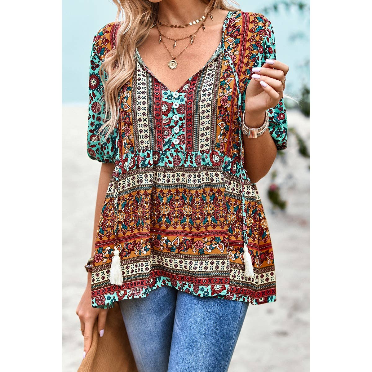 Floral Print Button Deep V Color Block Loose Fit Top: ORANGE