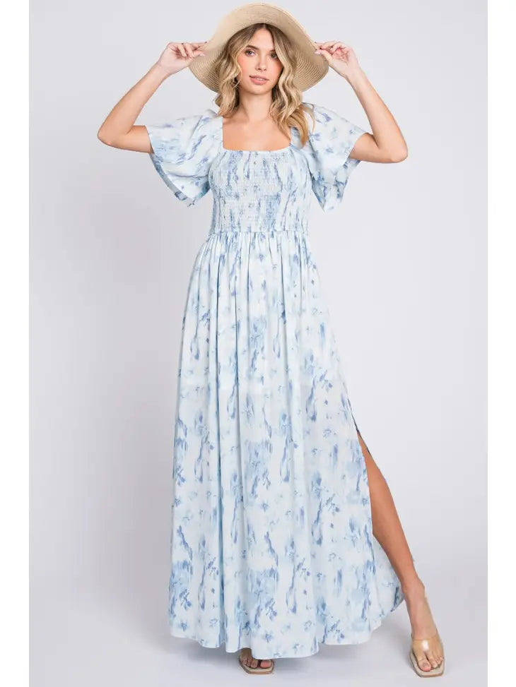 Stunning Floral Printed Long Dress- Blue