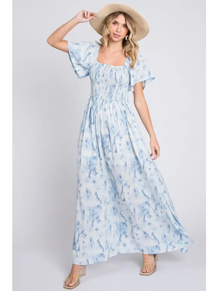 Stunning Floral Printed Long Dress- Blue