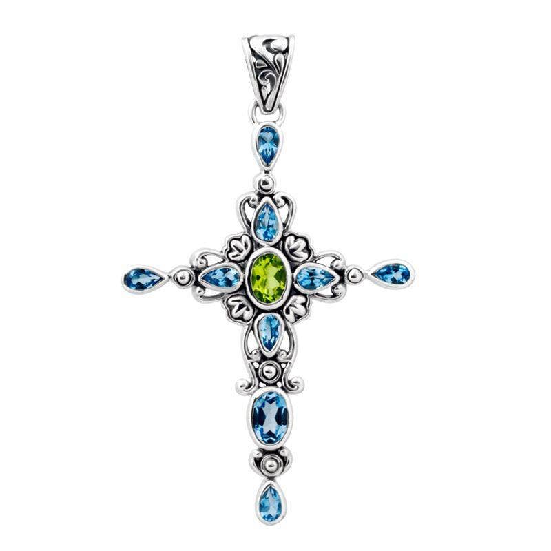Sterling Silver Pendant with Peridot, Blue Topaz