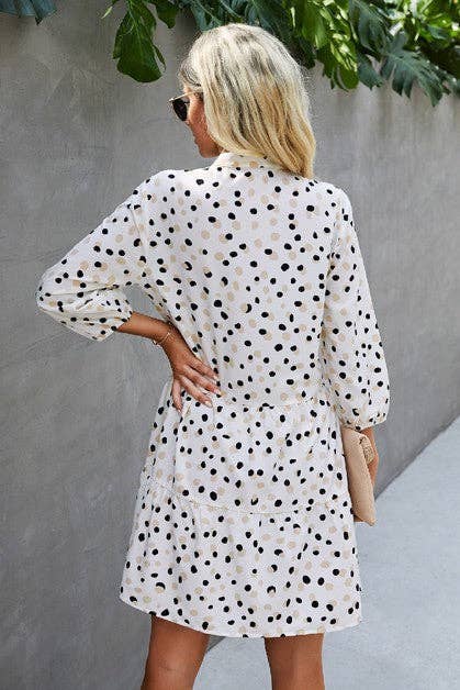Polka Dot Long Sleeve Button Dress: WHITE