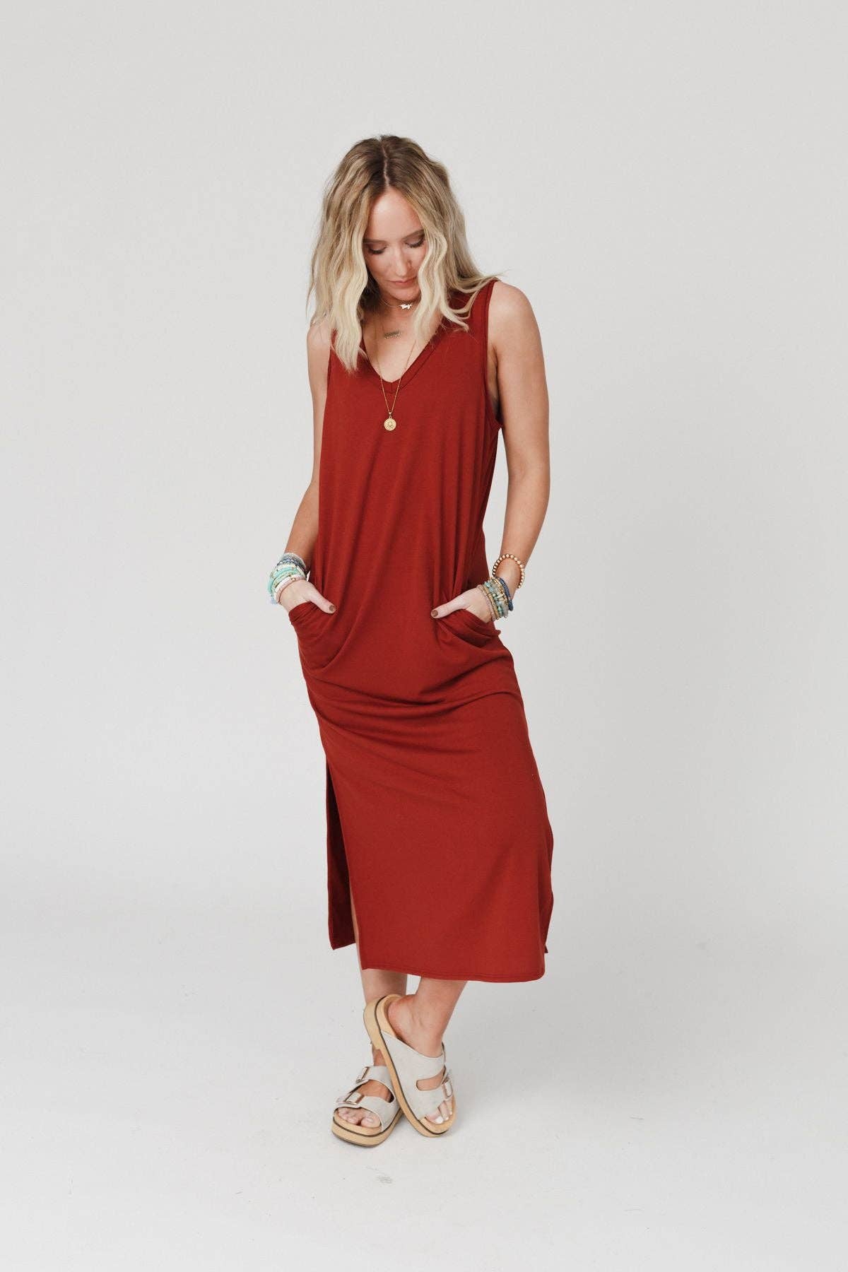 Forever Favorite Sleeveless Slit Maxi Dress - Brick: S