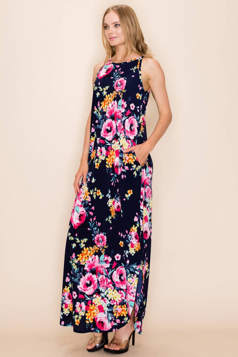 FLORAL PRINT MAXI SLIT DRESS: 2X