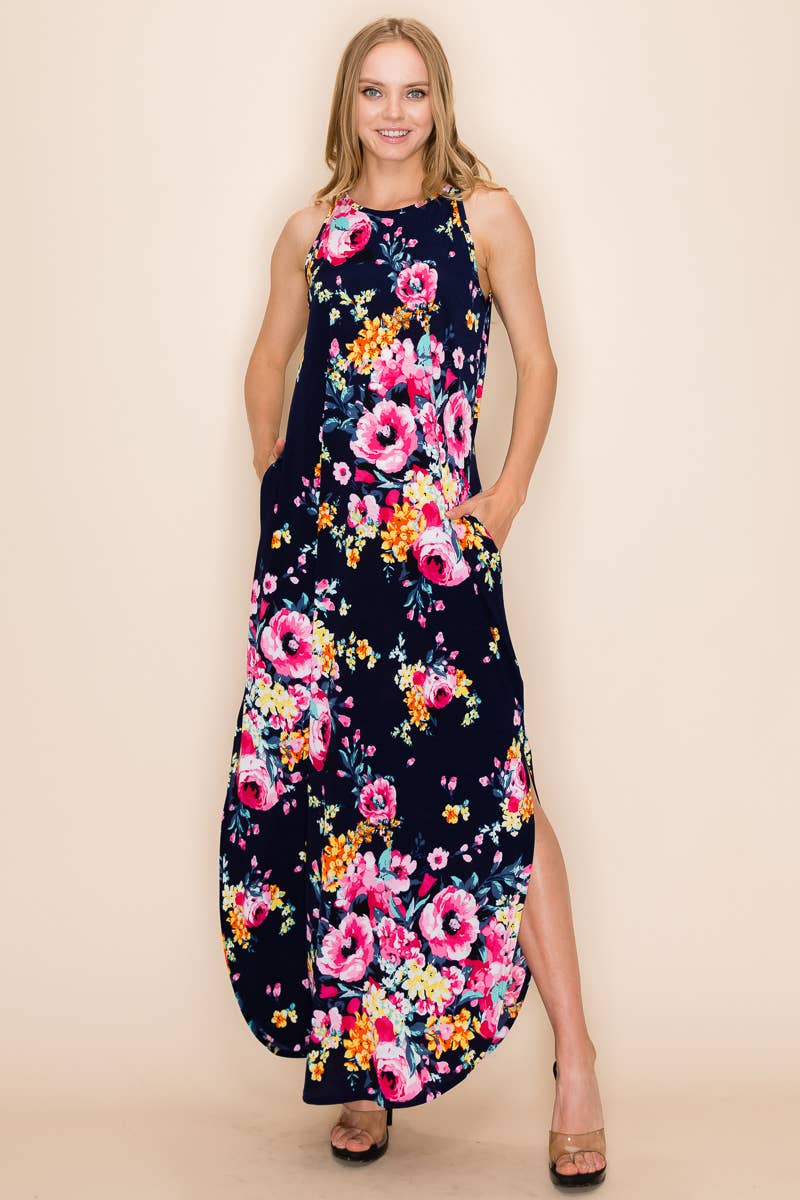 FLORAL PRINT MAXI SLIT DRESS: 2X