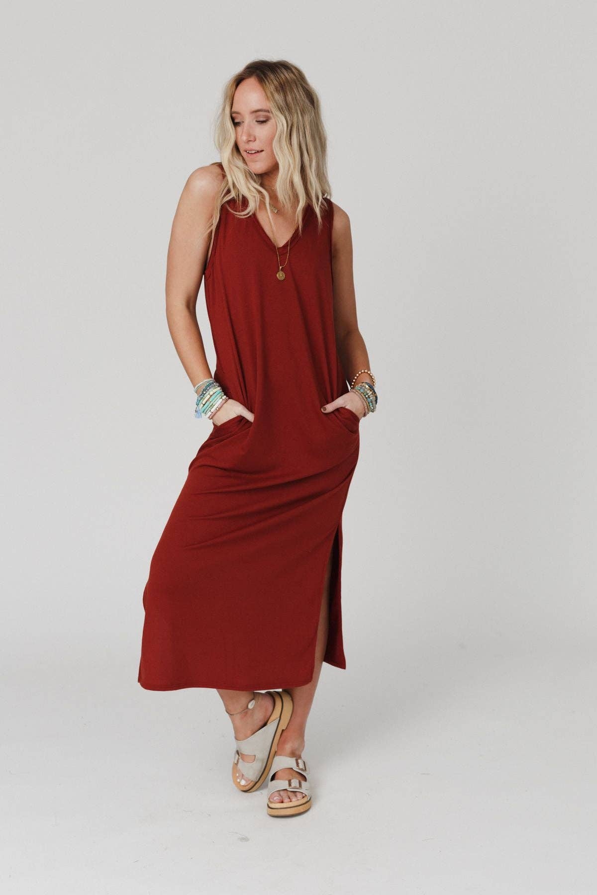 Forever Favorite Sleeveless Slit Maxi Dress - Brick: S