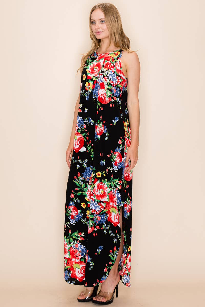 FLORAL PRINT MAXI SLIT DRESS: 2X