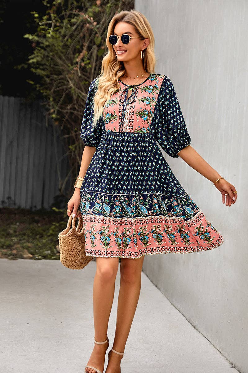 Drawstring Half Puff Sleeve Floral Swing Short Dress: BLUE