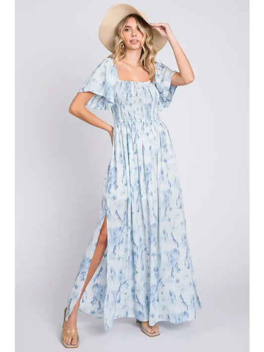 Stunning Floral Printed Long Dress- Blue